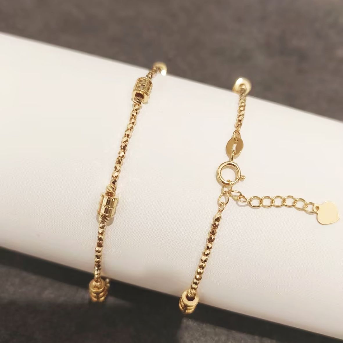 Bead Bracelet with Sculpted Square Center - 18K Gold