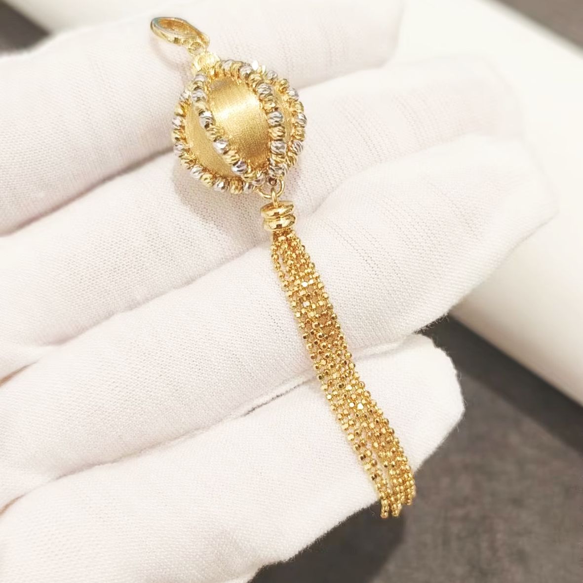 Lantern Bead Pendant with Tassel Detail - 18K Gold