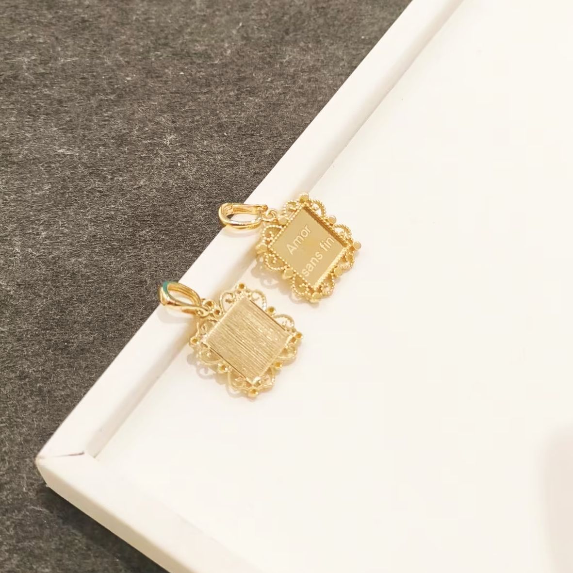Square Pendant with Lace Border - 18K Gold