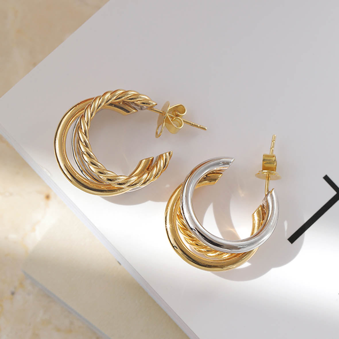 Two-Tone Stud Earrings - 18K Gold